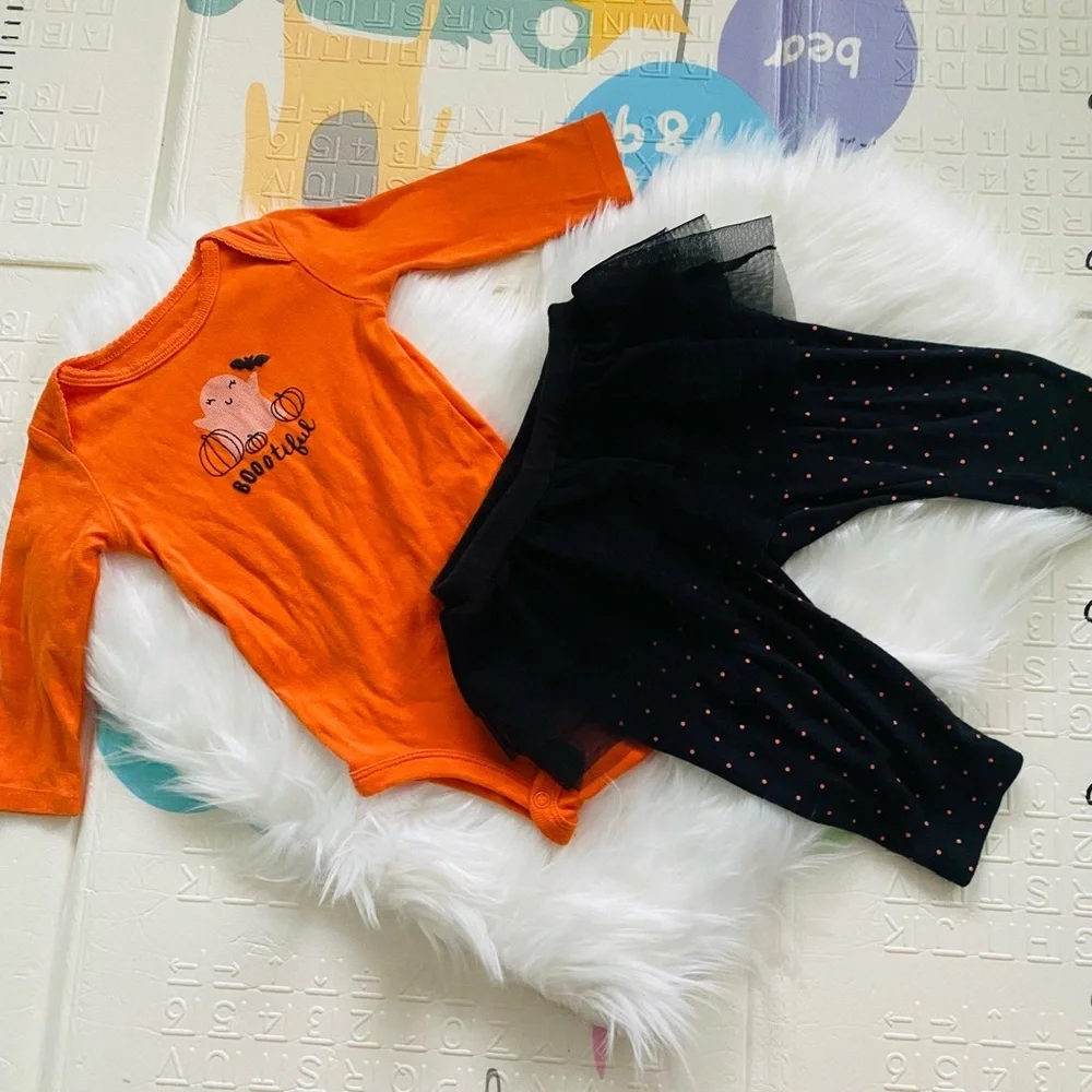 Halloween outfit for baby Pumpkin crewneck Bootiful Onesie with Tutu leggings 9m